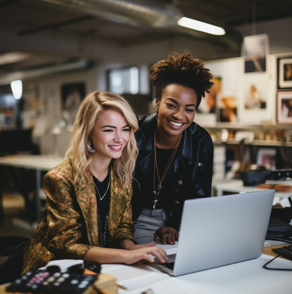 Two women are sitting at a table with a laptop.